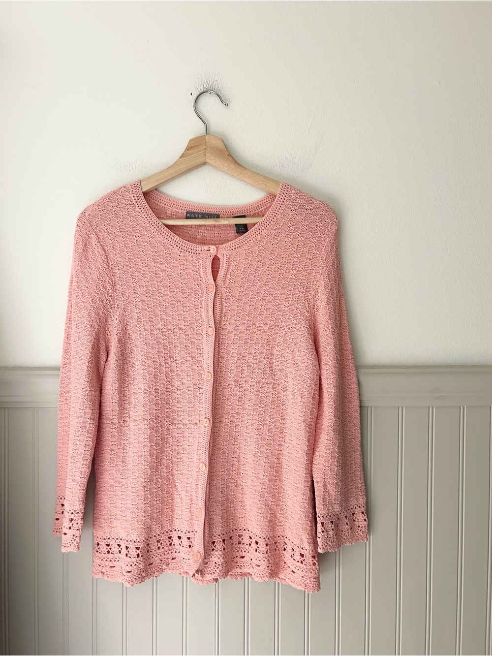 Kate Hill Blush Pink Crochet Hem Button Cardigan Lightweight Knit Petite Medium